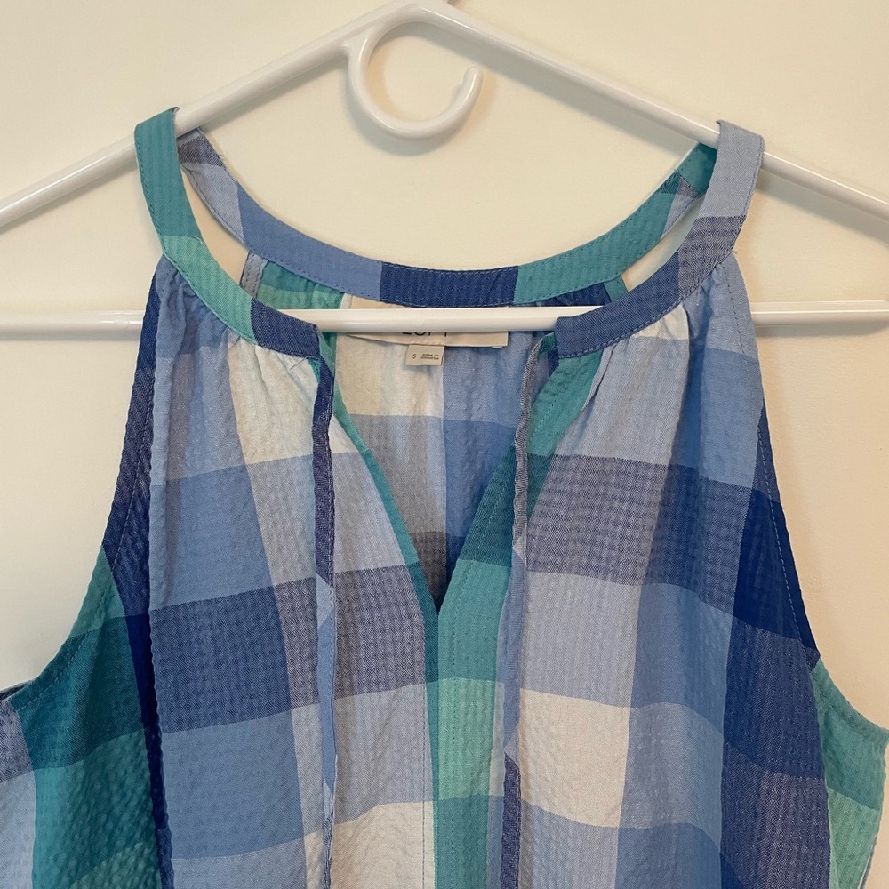 LOFT Multicolor Shades of Blue Checkered Peplum Tank Top Tie Detail Size S - Picture 4 of 6